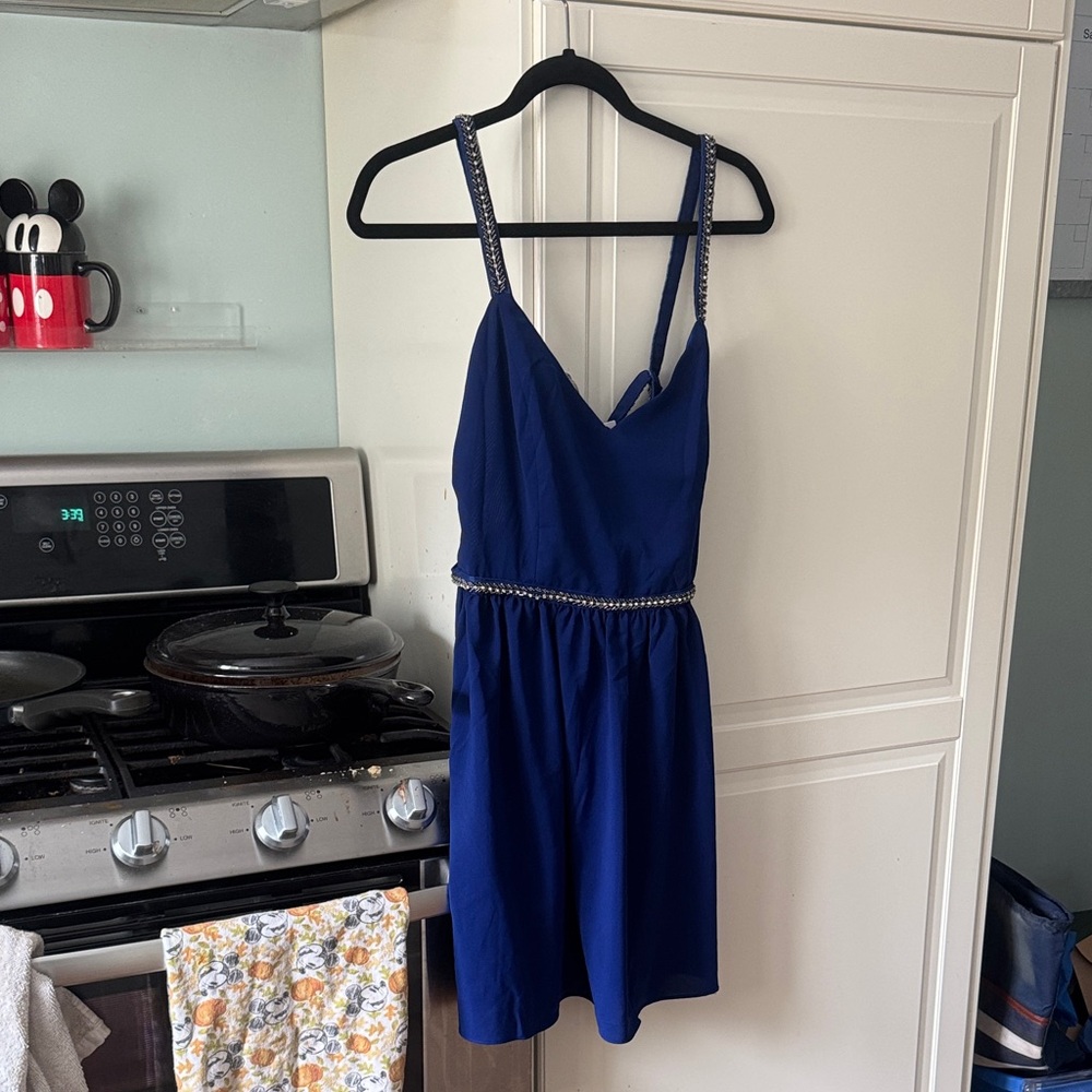 Blue Sleeveless Dress with beaded spaghetti Straps
